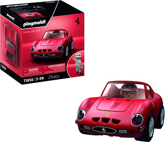 Playmobil Ferrari 250 GTO speelgoedauto en doos, op rode achtergrond.