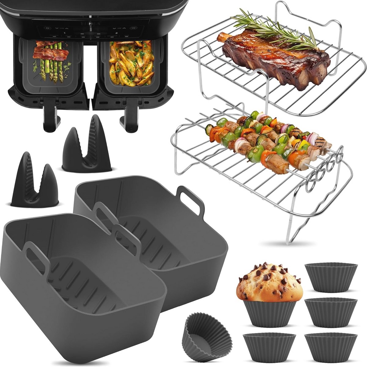 Airfryer Accessoires Set voor Dual Airfryers – Inclusief Siliconen Bakje en E-Receptenboek – Geschikt voor 7.6L tot 9.5L