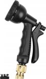 Zwarte tuinspuit met geribde grip en 8 sproeistanden: Center, Flat, Cone, Shower, Jet, Mist, Angle, Full.