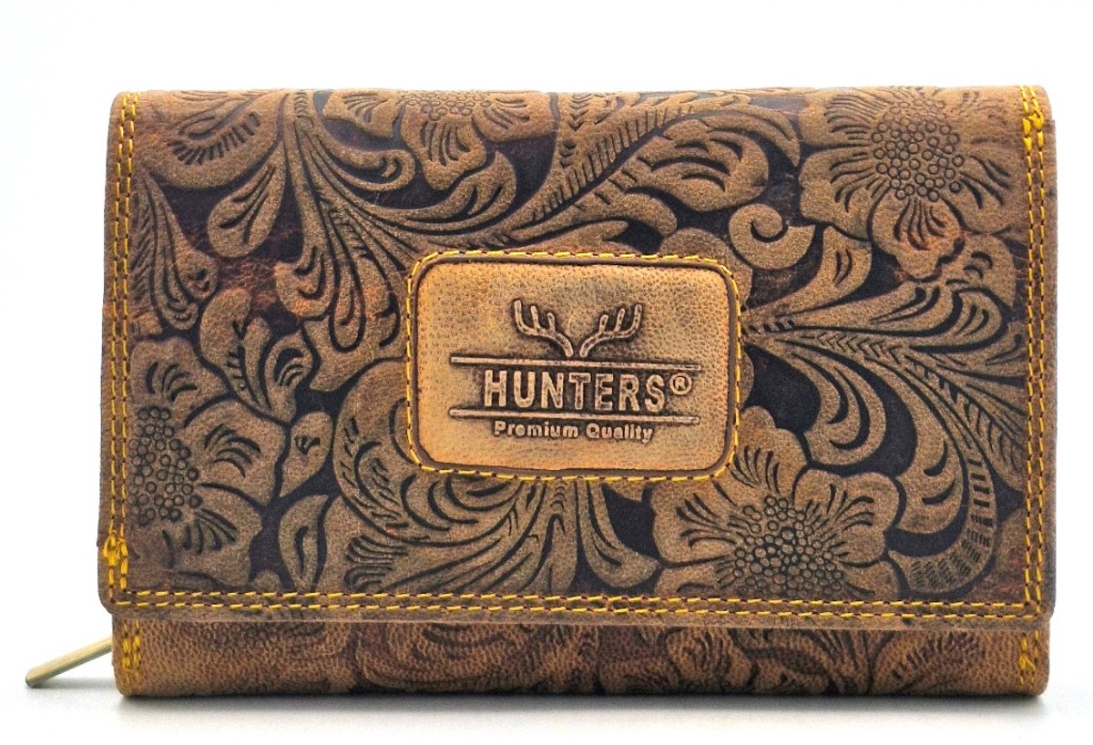 Hunters Portemonnee Bloemen Reliëf - D.Tan medium - (bxhxd) ca. 15,5cm x 10cm x 4cm