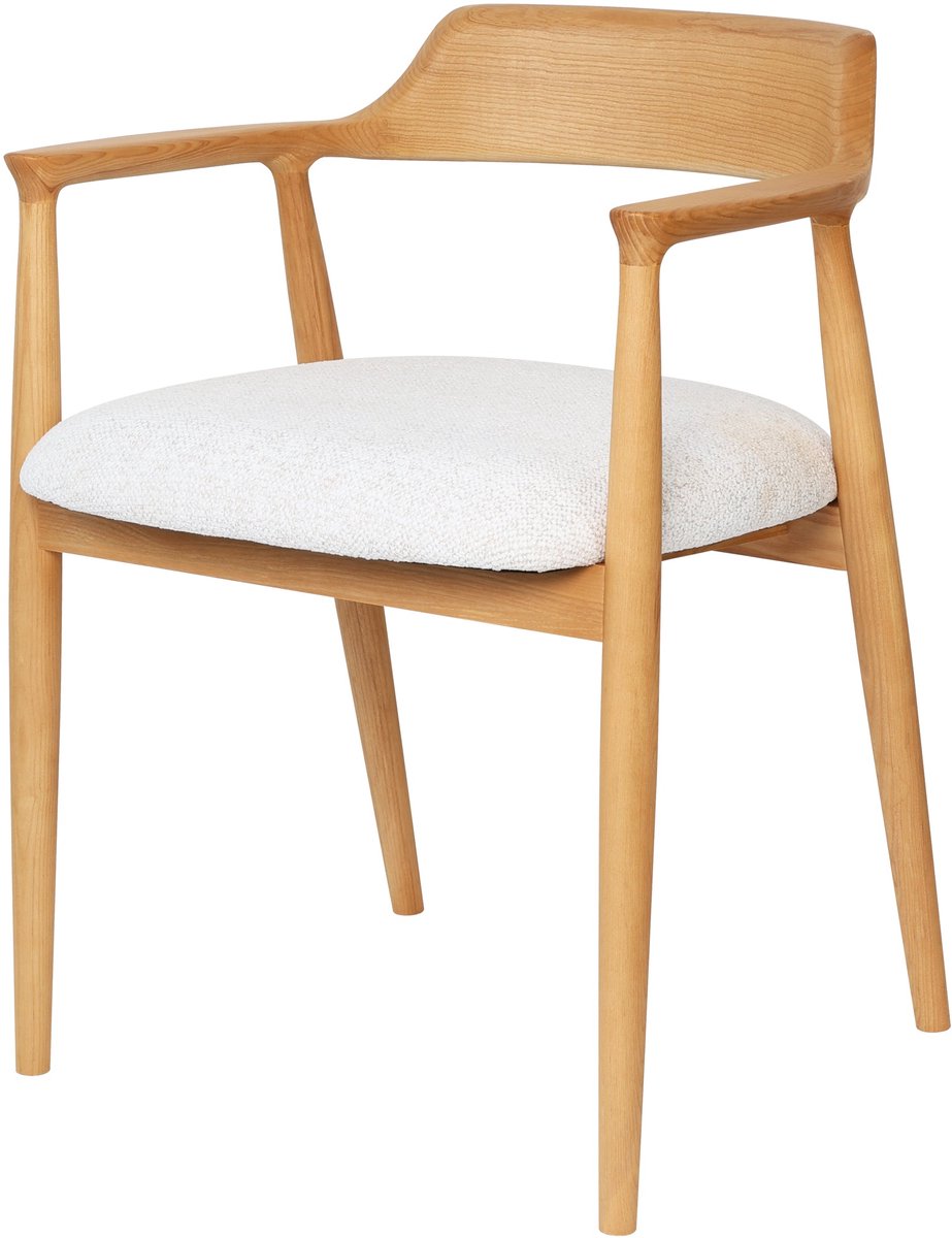 Merax Eden Houten Eetkamerstoel Natural-White – Kennedy Design – Massief Essenhout – Beklede Zitting – Tijdloze Luxe Armstoel
