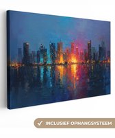 Canvas schilderij 120x80 cm - Exclusieve wanddecoratie Skyline - Penseelstreken - Donkerblauw - Lichtgevend - Muurdecoratie woonkamer - Slaapkamer decoratie - Kamer accessoires - Schilderijen op canvas