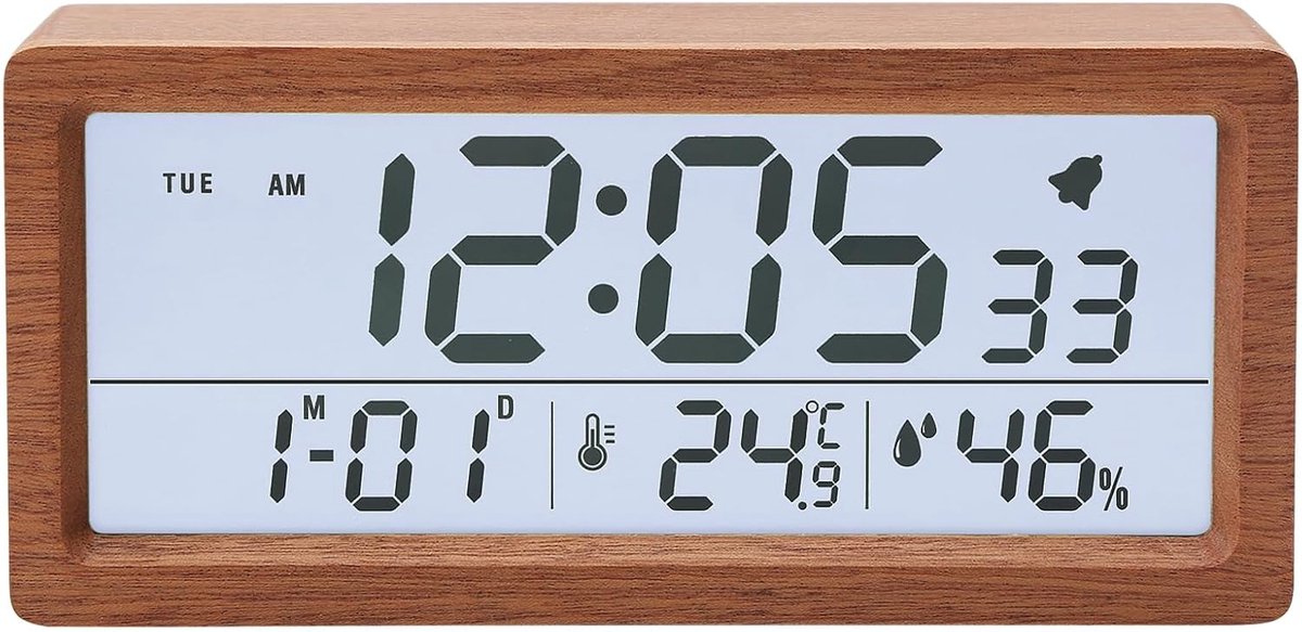 Digitale wekker, Houten tafelklok met extra groot LCD display, Temperatuur en luchtvochtigheid weergave, Nachlicht en Sluimerfunctie, Batterij gevoed type2