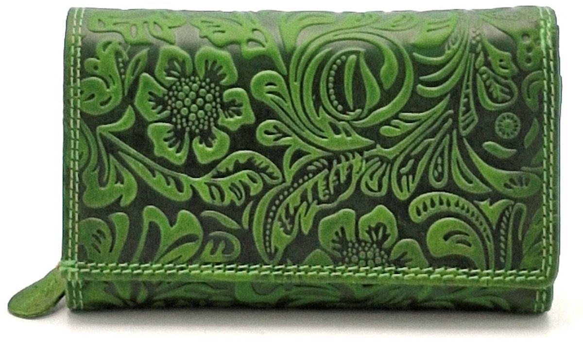 Hunters Portemonnee met Bloemen Reliëf groen - (bxhxd) ca. 16cm x 10cm x 3,5cm
