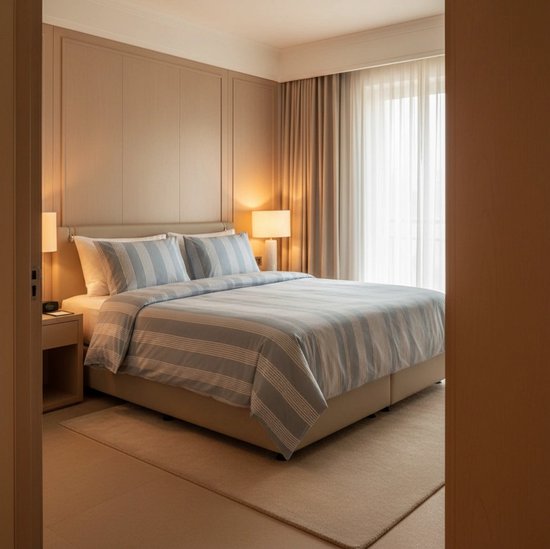 Luxe slaapkamer met gestreept blauw dekbedovertrek, beige lambrisering en gedimde verlichting.