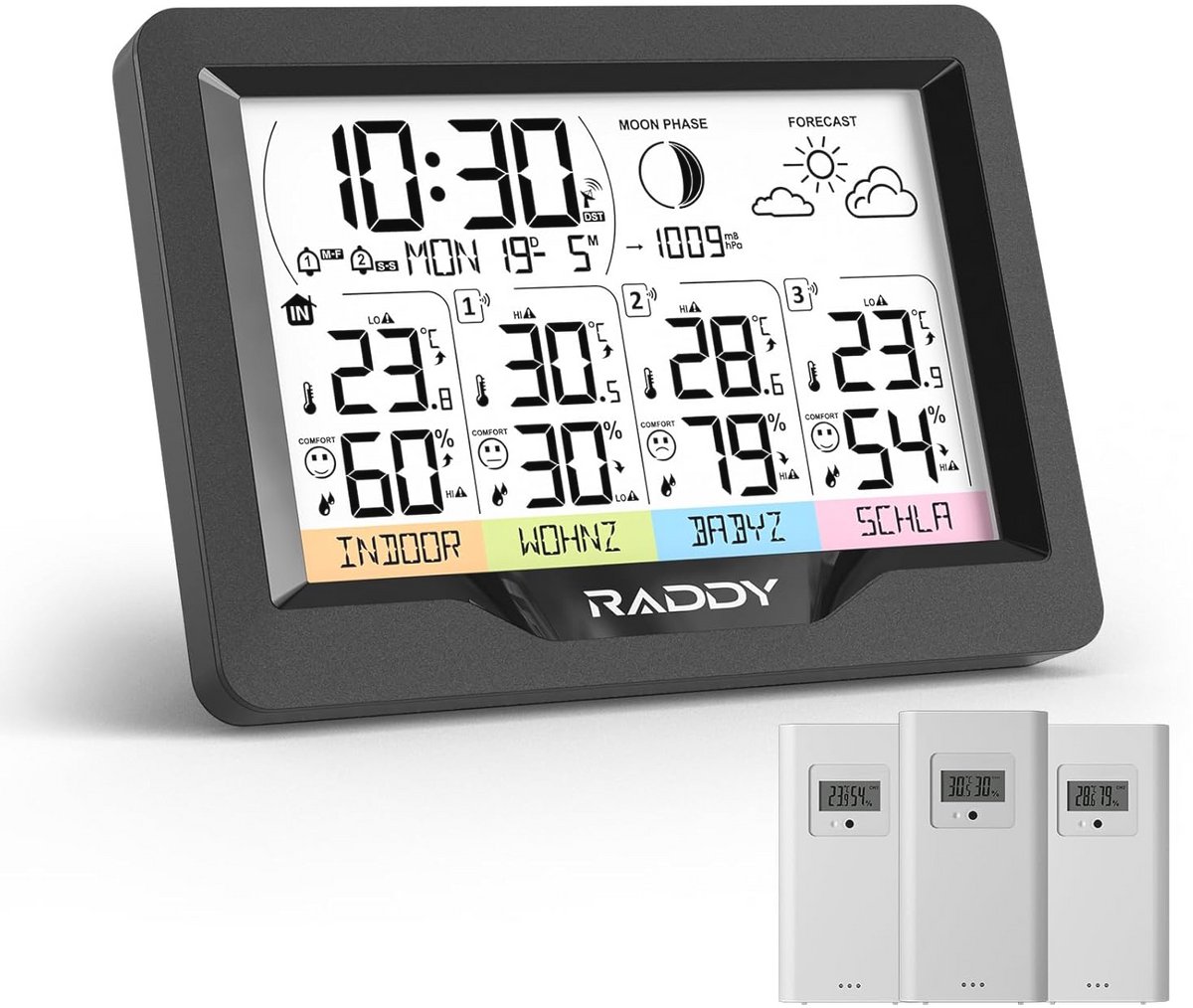 Draadloos Weerstation met 3 Buitensensoren, Thermometer en Luchtvochtigheidsmeting, Weersvoorspelling, DCF-Atoomklok