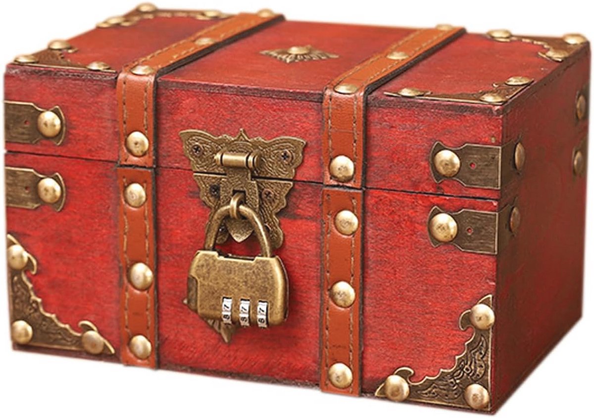 Vintage houten schatkist met slot – multifunctionele sieradenkist en spaarpot voor kinderen