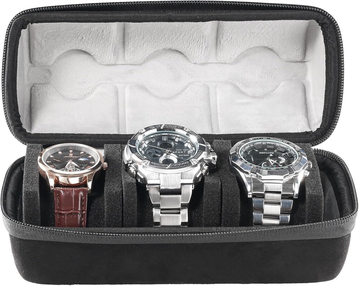 Reis Horlogehouder met 3 Slots - Draagbare Horloge Box met Clip en Schokdempende Cover - Zwart Grijs