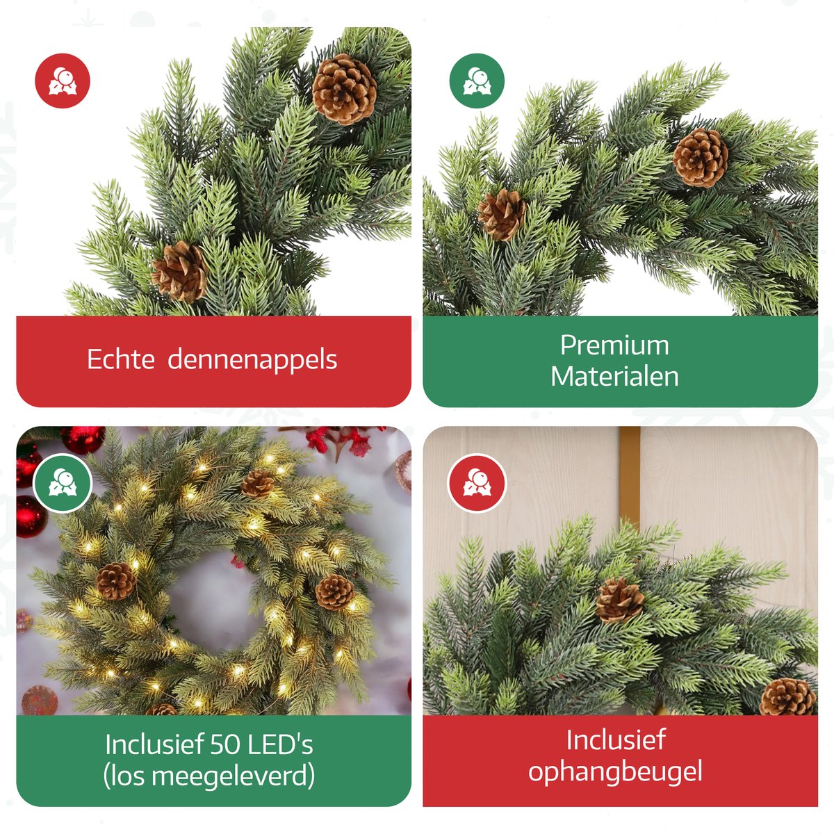 Meisterhome® Kerstkrans 50 cm – Inclusief 50 LED Lampjes – Elegante Gouden Ophangbeugel – Geschikt voor Binnen & Buiten - Kerst krans – foto 4