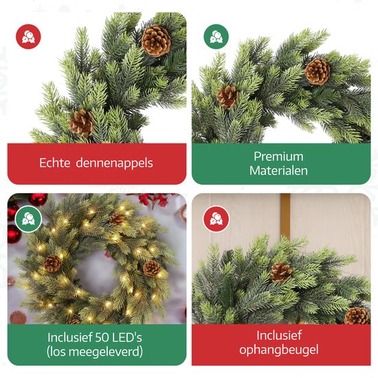 Meisterhome® Kerstkrans 50 cm – Inclusief 50 LED Lampjes – Elegante Gouden Ophangbeugel – Geschikt voor Binnen & Buiten - Kerst krans