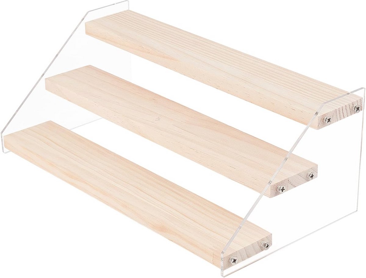 Acryl Display Stand voor Ambachten - 3-Steps Transparant met Houten Basis