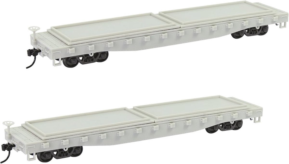 Onbeschilderde H0 spoor open goederenwagon met zware container – Set van 2 platte wagens