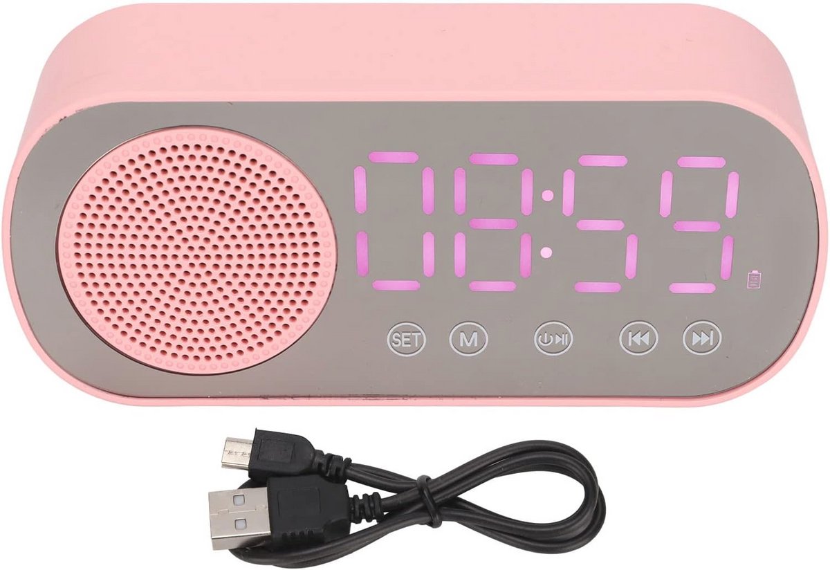 Digitale Wekker met Bluetooth 5.0 en Led-spiegelscherm - Roze Klokluidspreker voor Slaapkamer
