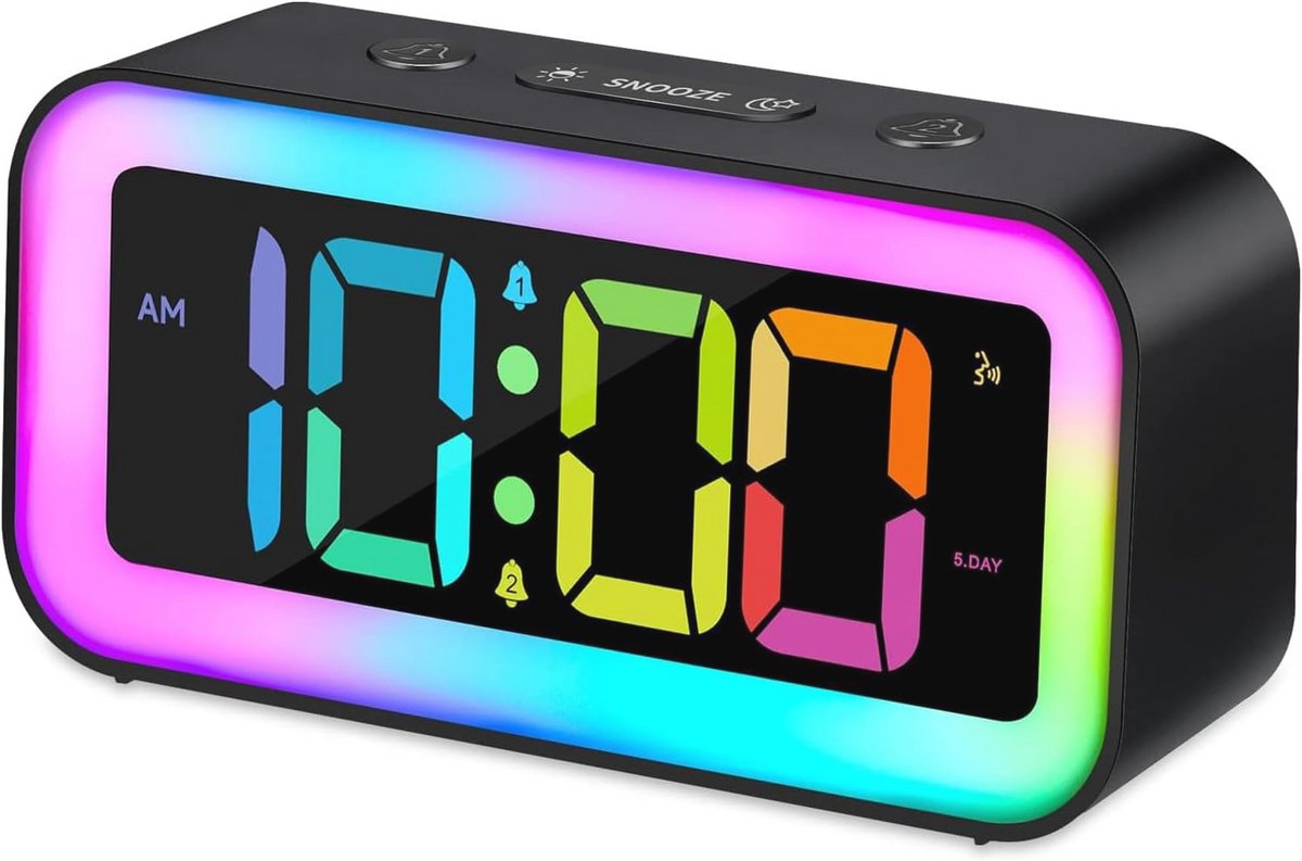 Luid Alarmklok met RGB Nachtlampje voor slaapkamer - Dubbele alarm met USB oplader en LED-display