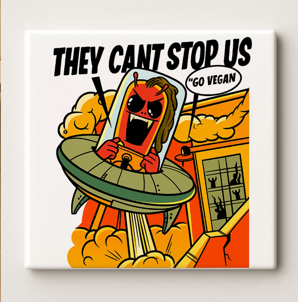 They Can’t Stop Us Go Vegan Tegel – Gedurfde Vegan Activisme Cartoon Wanddecoratie – Keram