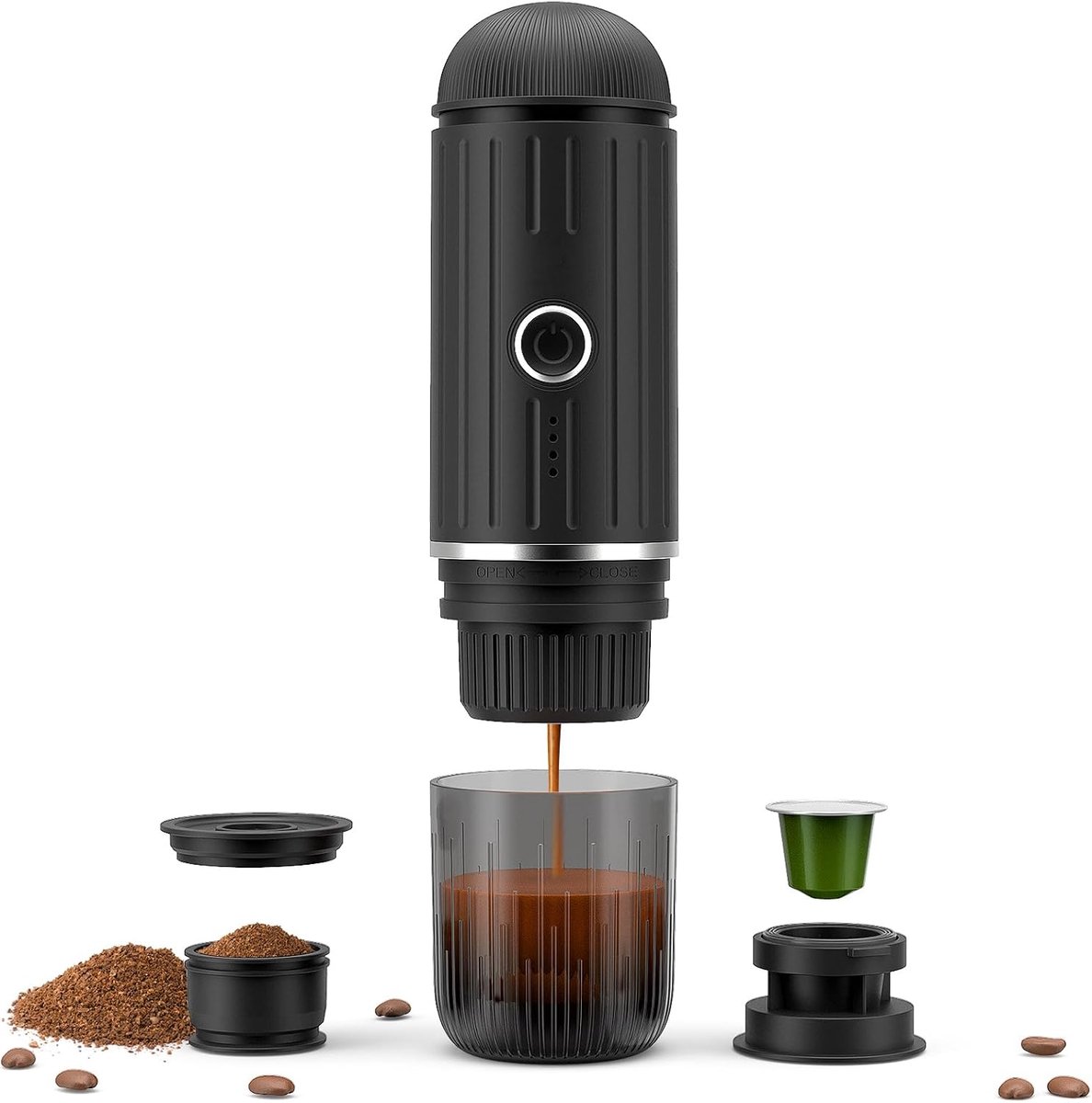 Oplaadbare 12V elektrische draagbare espressomachine met verwarmingsfunctie met één druk op de knop, automatische koffiezetapparaat geschikt voor Nespresso-capsules en gemalen koffie, geschikt voor kamperen, reizen en thuisgebruik (zwart)