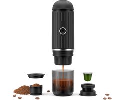 Oplaadbare 12V elektrische draagbare espressomachine met verwarmingsfunctie met één druk op de knop, automatische koffiezetapparaat geschikt voor Nespresso-capsules en gemalen koffie, geschikt voor kamperen, reizen en thuisgebruik (zwart)