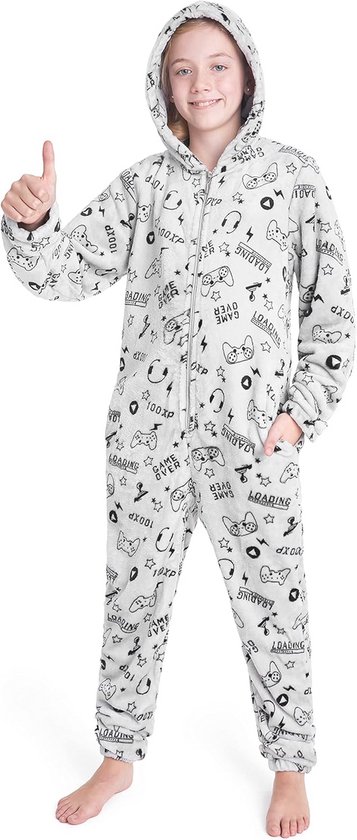 CityComfort rompertjes voor jongens, donzige fleece pyjama voor kinderen en tienerjongens meisjes, camo romper, warme winterpyjama 7-14 jaar (Grijs, 11-12 jaar