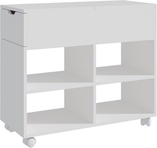 Witte archiefkast met wieltjes, een lade en vier open vakken, op witte achtergrond.