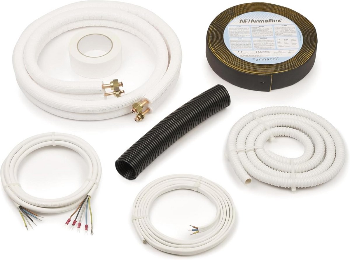 Montageset voor split- en multisplit airconditioners - Geïsoleerde koperen leidingen 1/4" + 3/8" - Compleet 9m pakket
