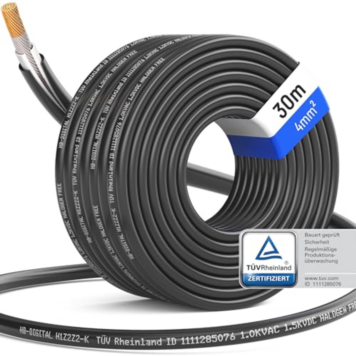 Zonnekabel 30 m, 4 mm², TÜV-gecertificeerd, uv-bestendig, flexibel, PV-kabel, puur koper, 1500 V, verlengkabel voor zonnepanelen