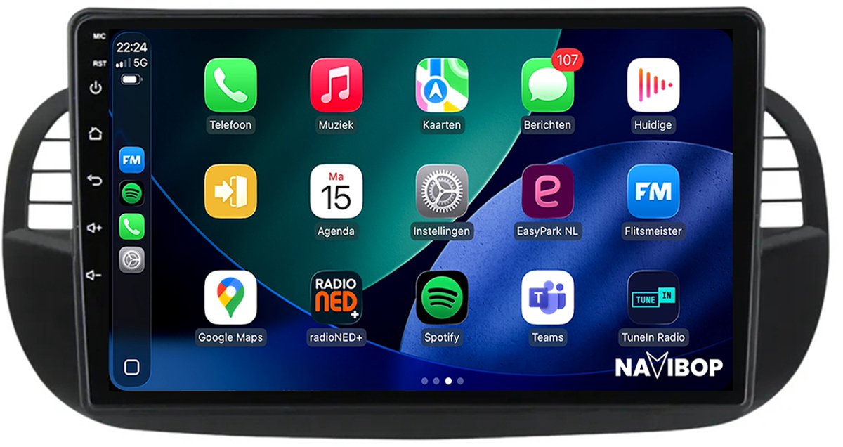 Geschikt voor Fiat 500 (2016 t/m 2019) | 9 inch Android 15.0 CarPlay autoradio | Draadloos CarPlay & Android Auto | 2GB RAM + 32GB | Mic, Camera (AHD) & DAB+ | Bluetooth & WiFi | NAVIBOP NB-2181 | Bouwjaar 2016 t/m 2019