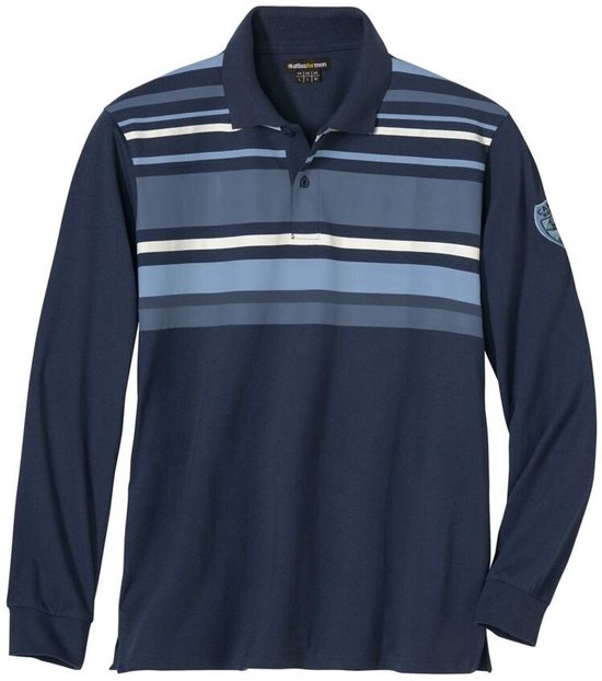 Donkerblauwe longsleeve polo met horizontale strepen in diverse blauwtinten en wit. Logo op de linker mouw.
