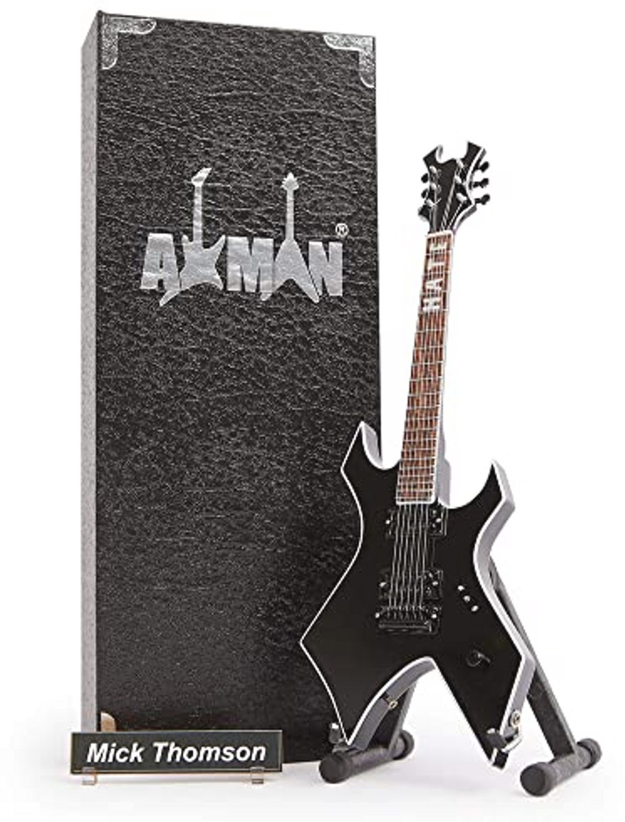 Mick Thomson (Slipknot): B.C. Rich Warlock - Miniatuur Gitaar Replica - Muziekgeschenken - Handgemaakte Sier 1/4 Schaal - Inclusief een Display Box, Naamlabel en Miniatuur Gitaar Stand