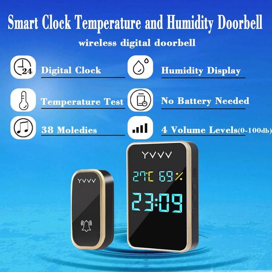 Draadloze Deurbel Waterdicht met Temperatuur- en Vochtigheidsweergave — afbeelding 2