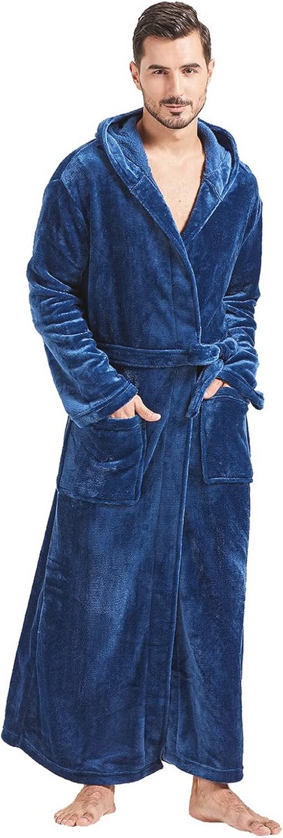 Lange pluche badjas met capuchon voor heren - warm en comfortabel met praktische zakken