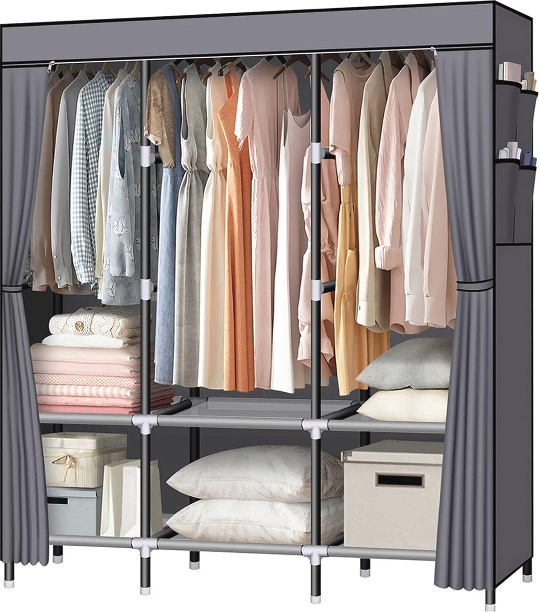 Draagbare Kledingkast 60 Inch met 3 Hangstangen en 6 Opbergplanken - Ruimtebesparende Orga