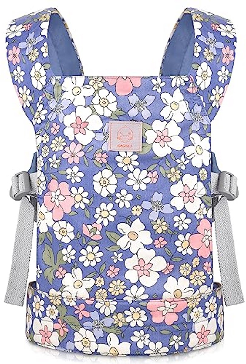 Poppendraagtas voor kinderen - babydraagdoek vooraan en achteraan, poppenaccessoires 100% katoen - blauwe bloemen