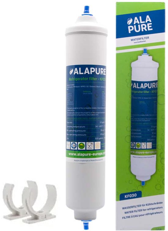 Alapure KF030 waterfilter met verpakking. Witte cilinder met blauwe dopjes en verpakking met Alapure logo.