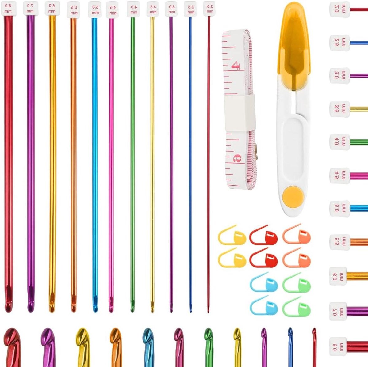 Ronte - Tunesische Haaknaalden Set Met Accessoires Voor Beginners - 27 cm lengte - Aluminium - Kleurrijk - 2 mm tot 8 mm - Afghaanse Haaknaalden - 11 Delig