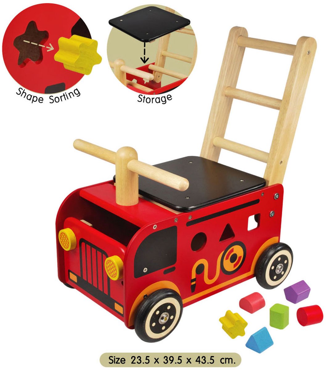 Houten loopwagen brandweer met blokken - I'm Toy