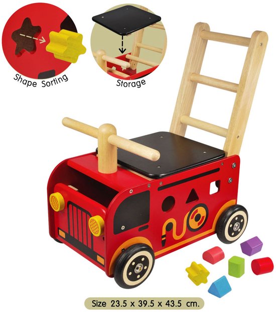 Houten loopwagen brandweer met blokken - I'm Toy