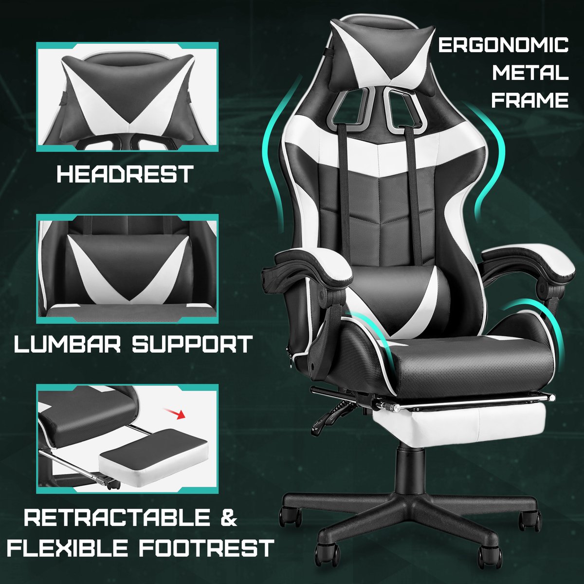 Soontrans Gaming Stoel Wit met Inklapbare Voetensteun - afbeelding 2