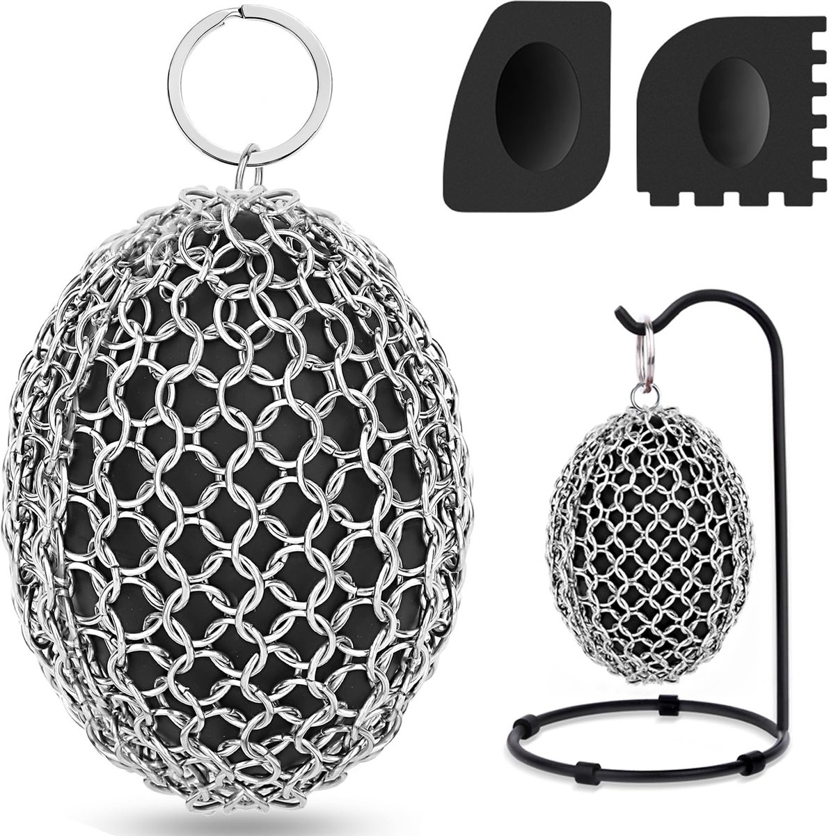 Gietijzeren schuurspons en schraperset met haken - Ergonomische schuurspons met 316 ketting, geschikt voor gietijzeren koekenpannen, braadpannen, bakplaten, potten, grills, enz. - Zwarte enkele ring