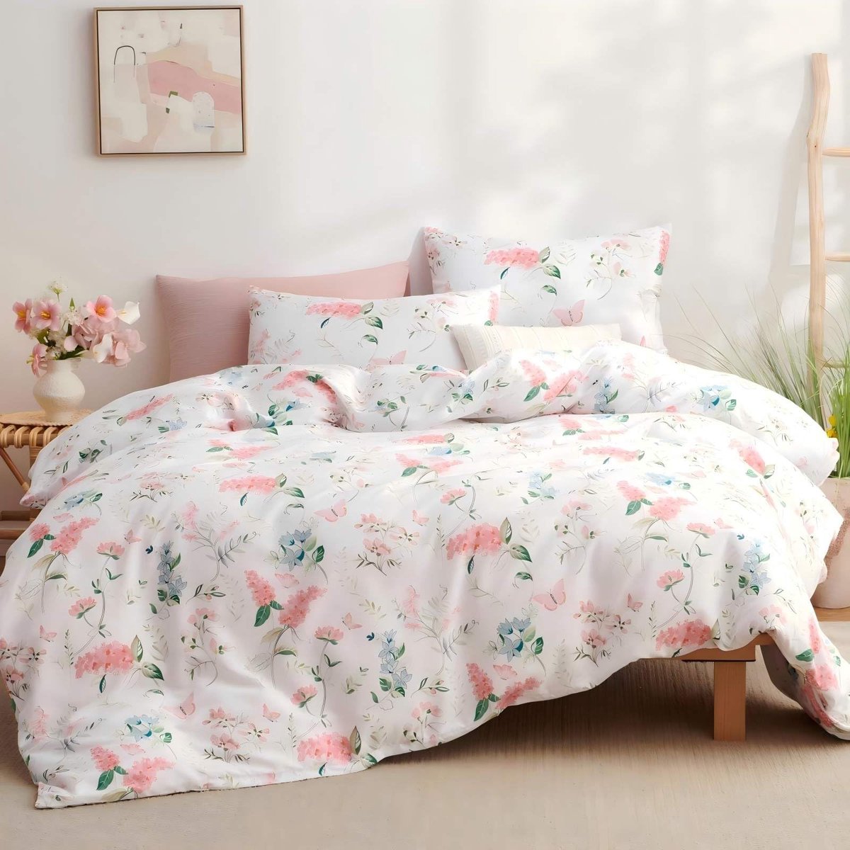 Ibenzoa Meisjes Beddengoed Set met Bloemen en Vlinders Motief in Frisse Kleuren Wit