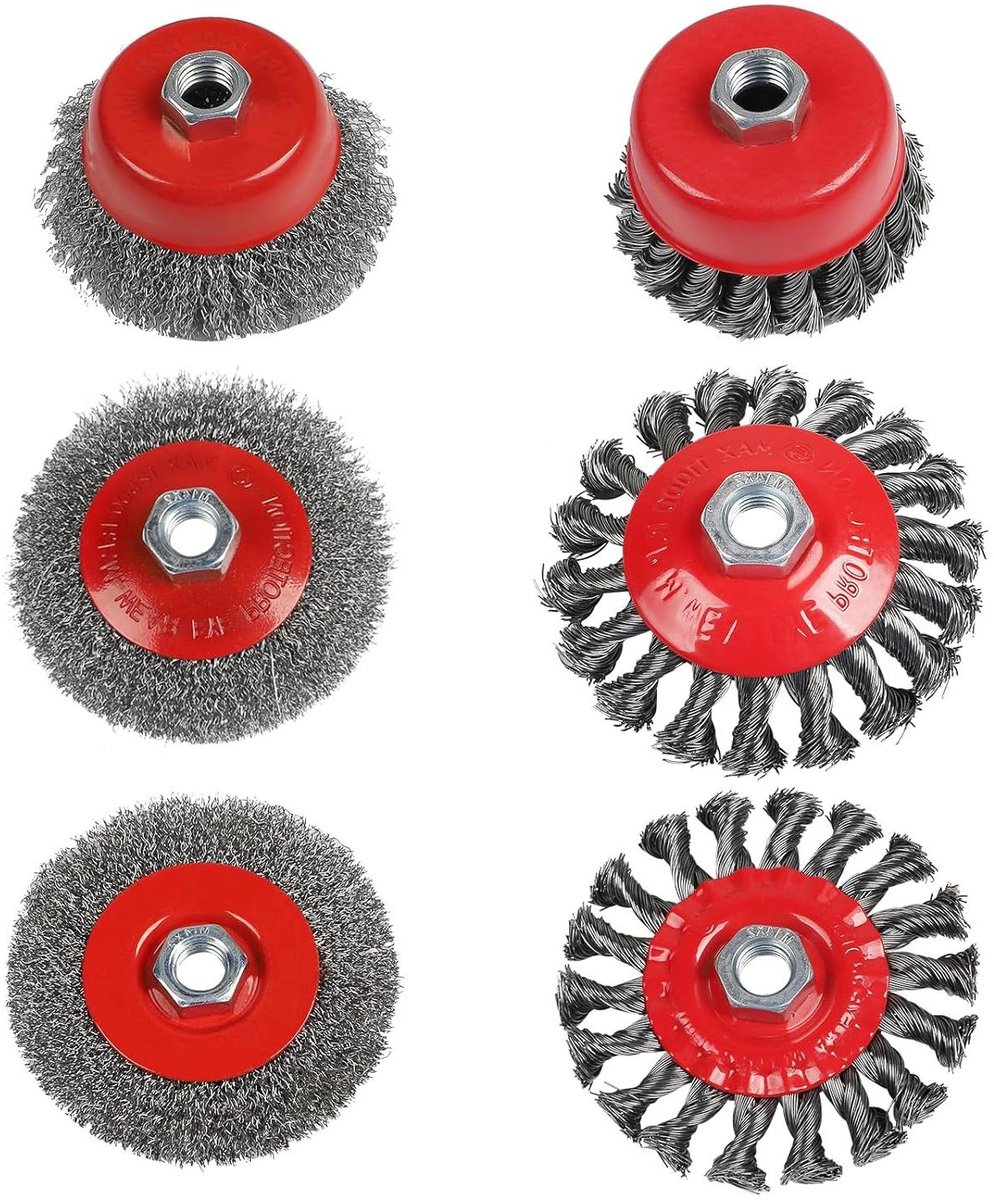 Ronte - Set van 6 draadborstels voor haakse slijper - 75 mm en 100 mm - Flexset - Potborstel - M14 stalen borstel - Flexibele borstel - Twist-knoop - Draadborstelset - Kegelborstel