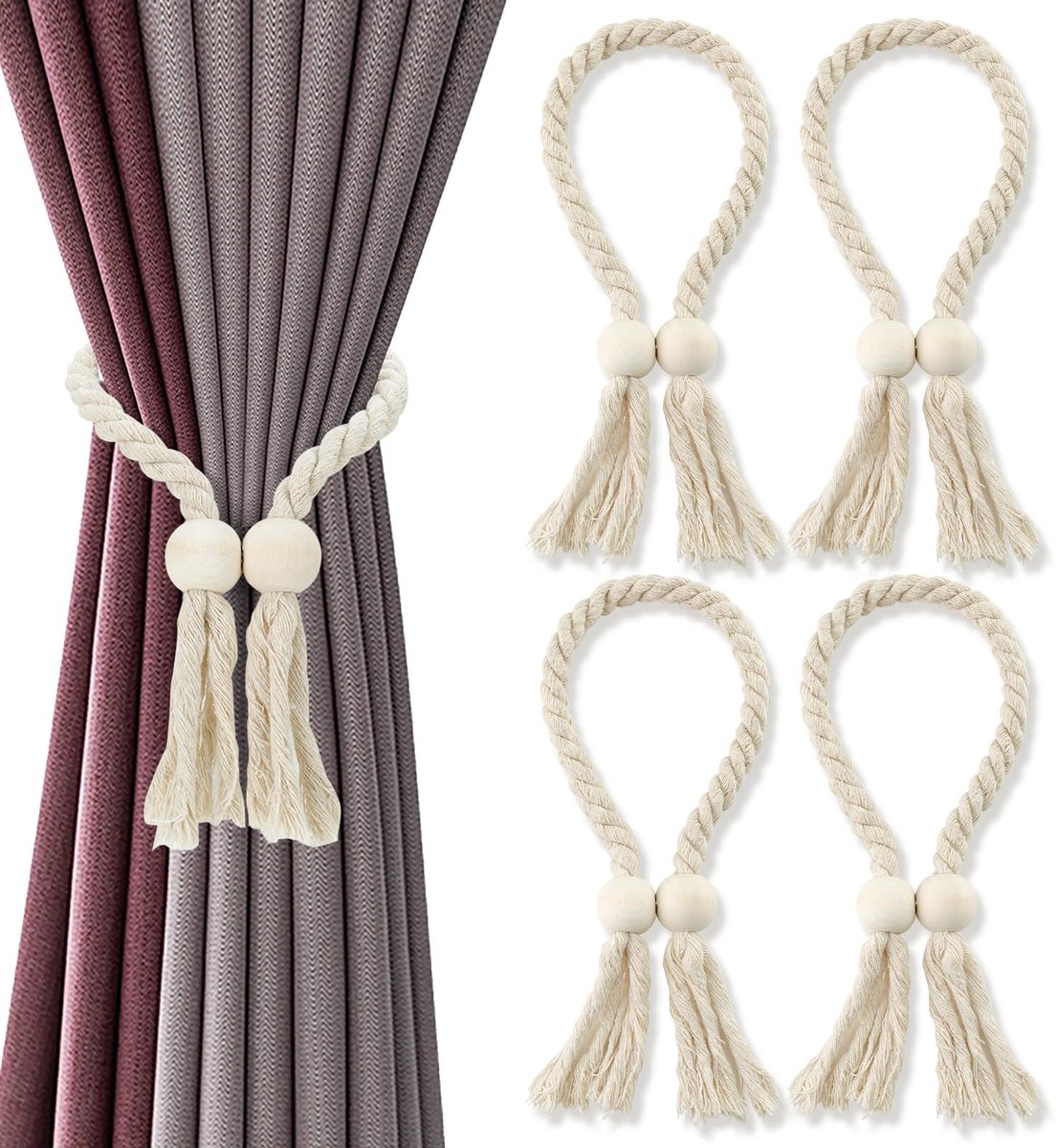 IMPERATORIS® Gordijnhouders - Gordijnclips - Decoratieve Touwen - Geen Boren Nodig - Modern Design - Set van 4 - Wit - 65cm