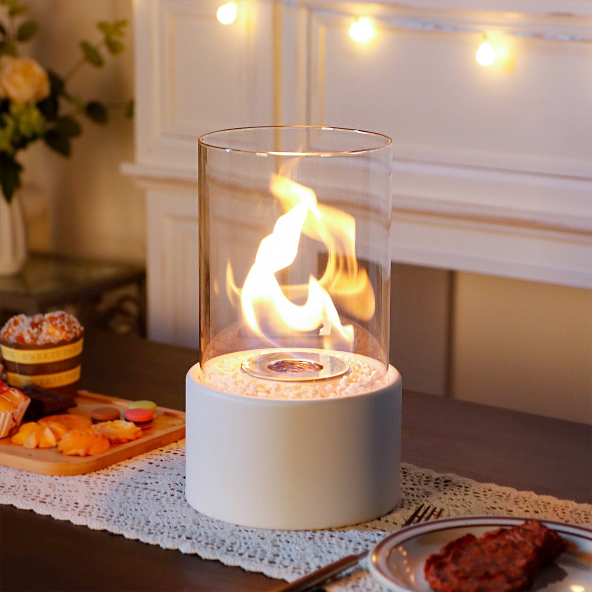 JHY DESIGN Bio Ethanol Haarden - Sfeerhaard - 27cm Hoog - Bio-Ethanol Tafelhaard - Binnen & Buiten - Met Decoratieve Stenen - Met Cilindrisch Glas