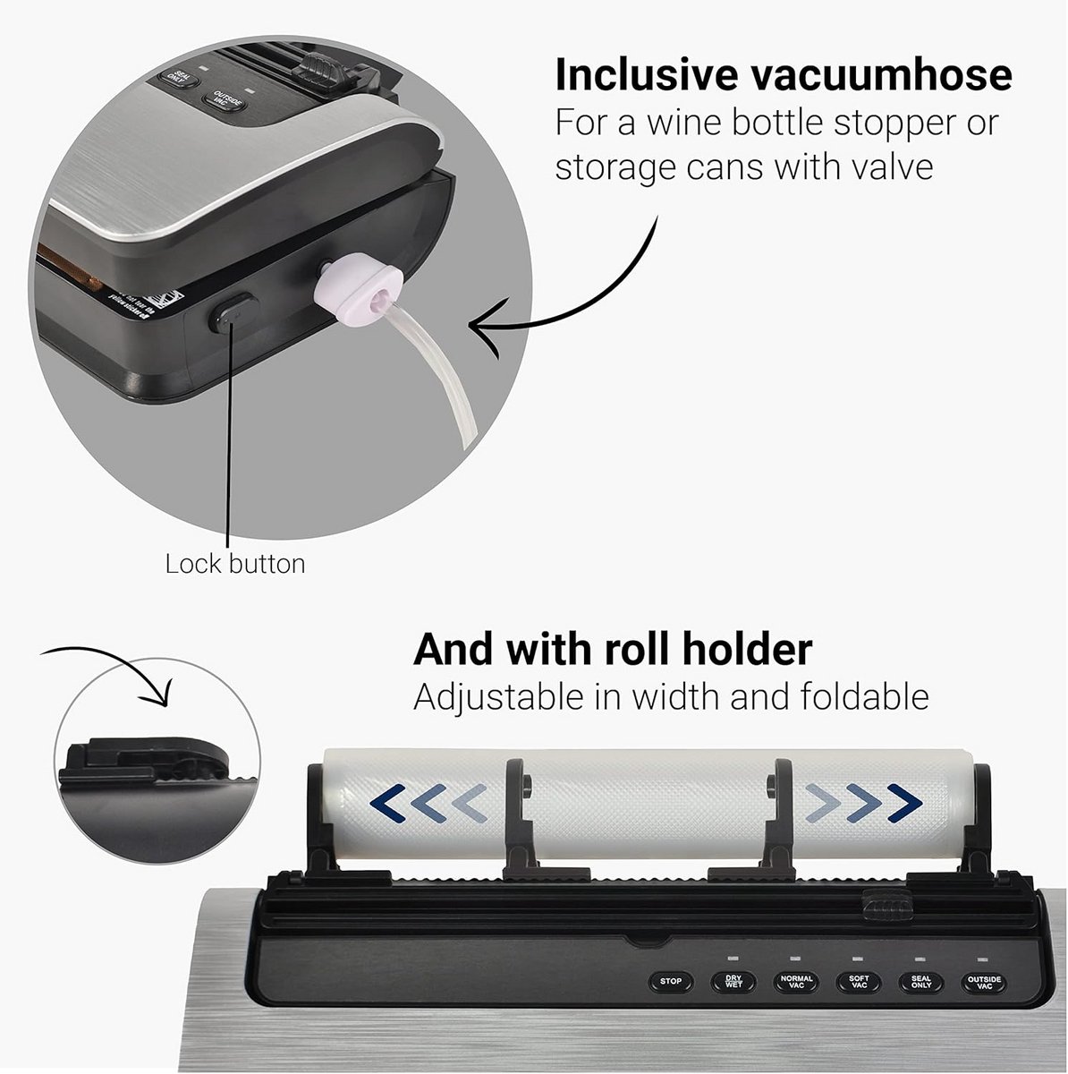 Vacuumsealer met 5 standen voor droge, vochtige en drukgevoelige producten | Folierolhouder | Roller Cutter | Inclusief vacuümzakken en 3m folierol