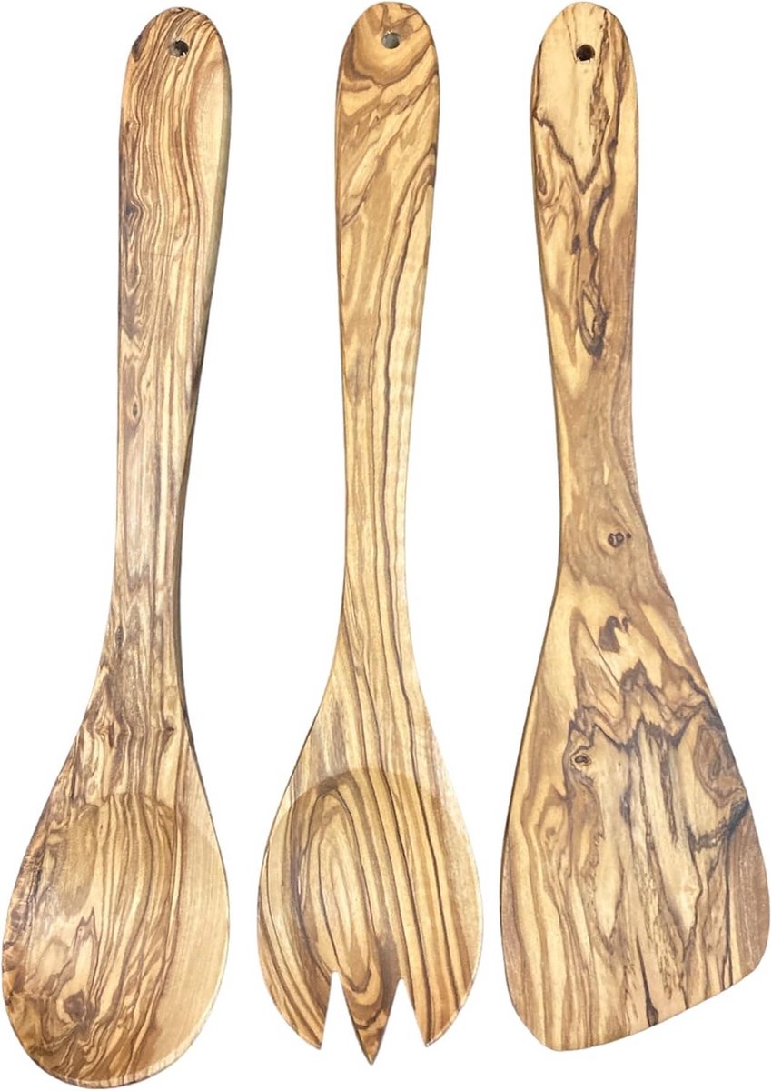 Set van 3 Keuken Gerei van Olijfhout - Lepel, Spatel en Vork - 30cm - Ecologisch en Duurzaam