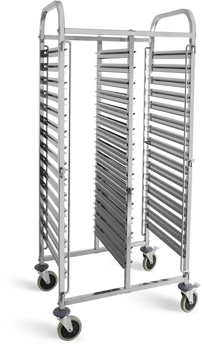 HCB® - Professionele Dubbele Horeca regaalwagen - 32 x 1/1 GN - RVS / INOX trolley - Serveerkar - 55x73.5x173.5 cm (DxBxH) - 32 kg - 6843