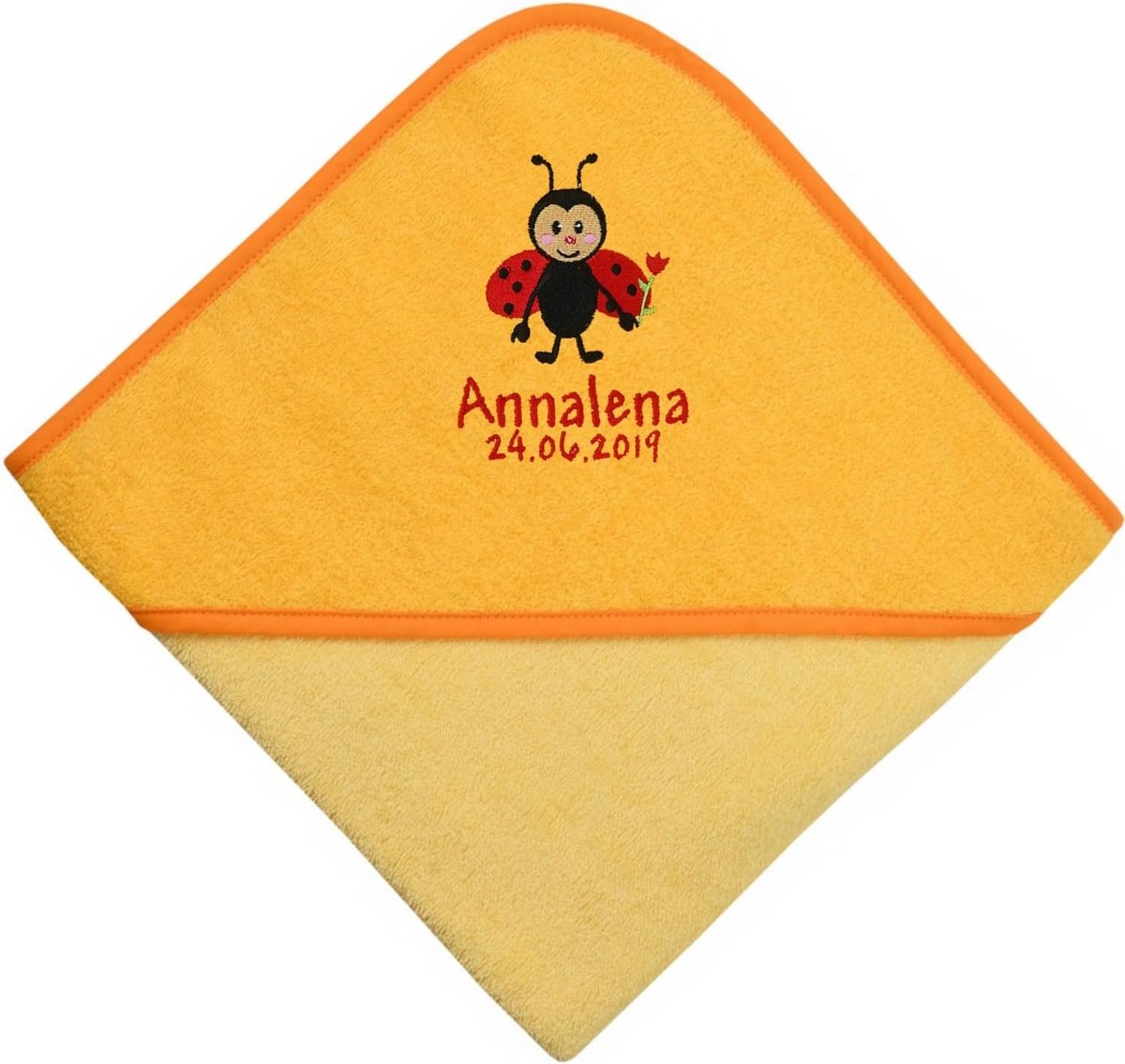 Gepersonaliseerde Capuchonhanddoek 100x100 cm - Geel - Zacht Katoen voor Baby en Kind - Met Naam en Motief