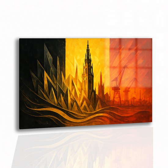 Abstract schilderij in de kleuren zwart, geel en rood, met een toren en kranen.
