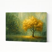 Canvas schilderij 70x50 cm - Boom - Goud - Groen - Bladeren - Natuur - Wanddecoratie woonkamer - Decoratie huis - Interieur - Slaapkamer
