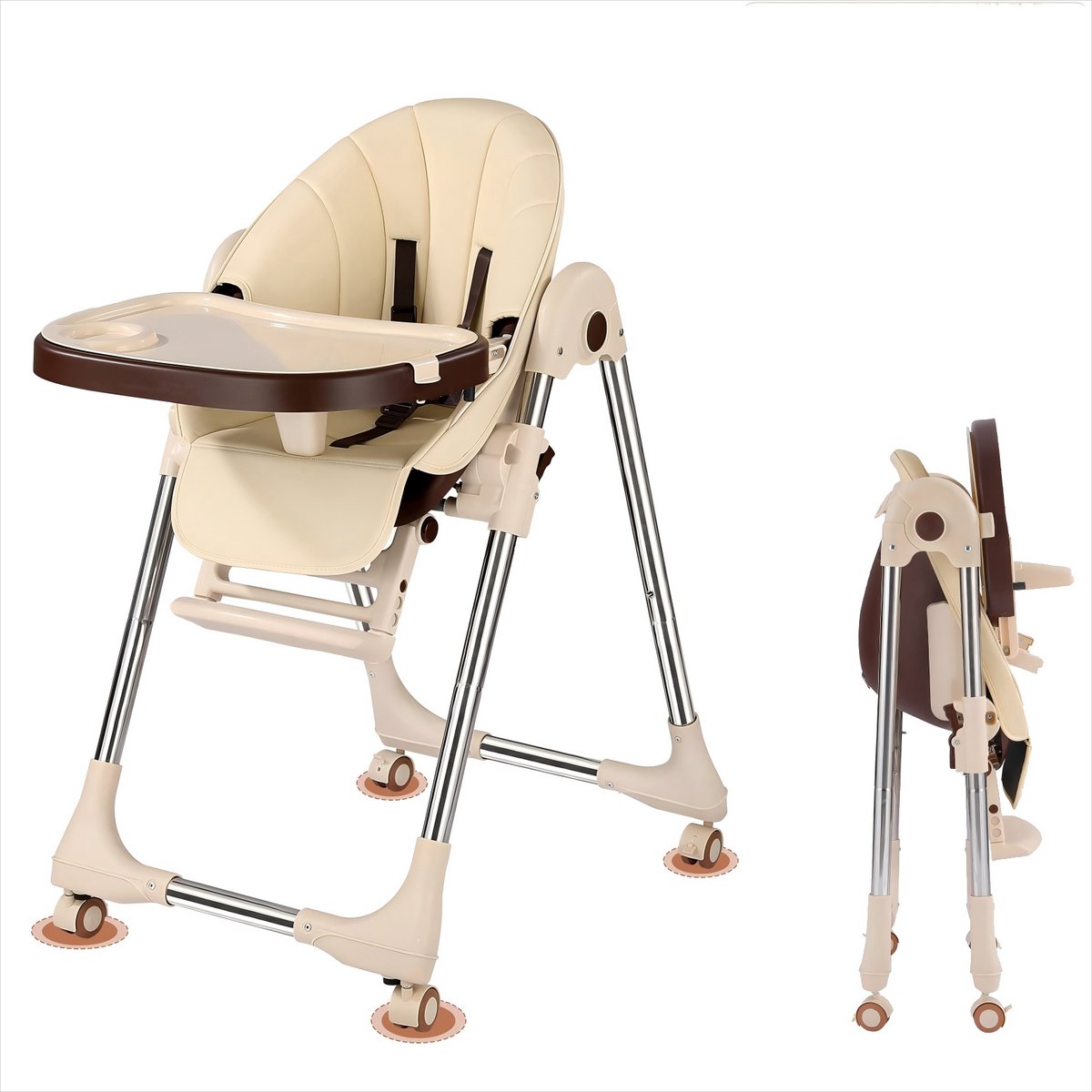 Kinderstoel voor baby/kind- Verstelbare zitkanteling & hoogte - Afneembaar eetblad - 4 Wielen - Beige
