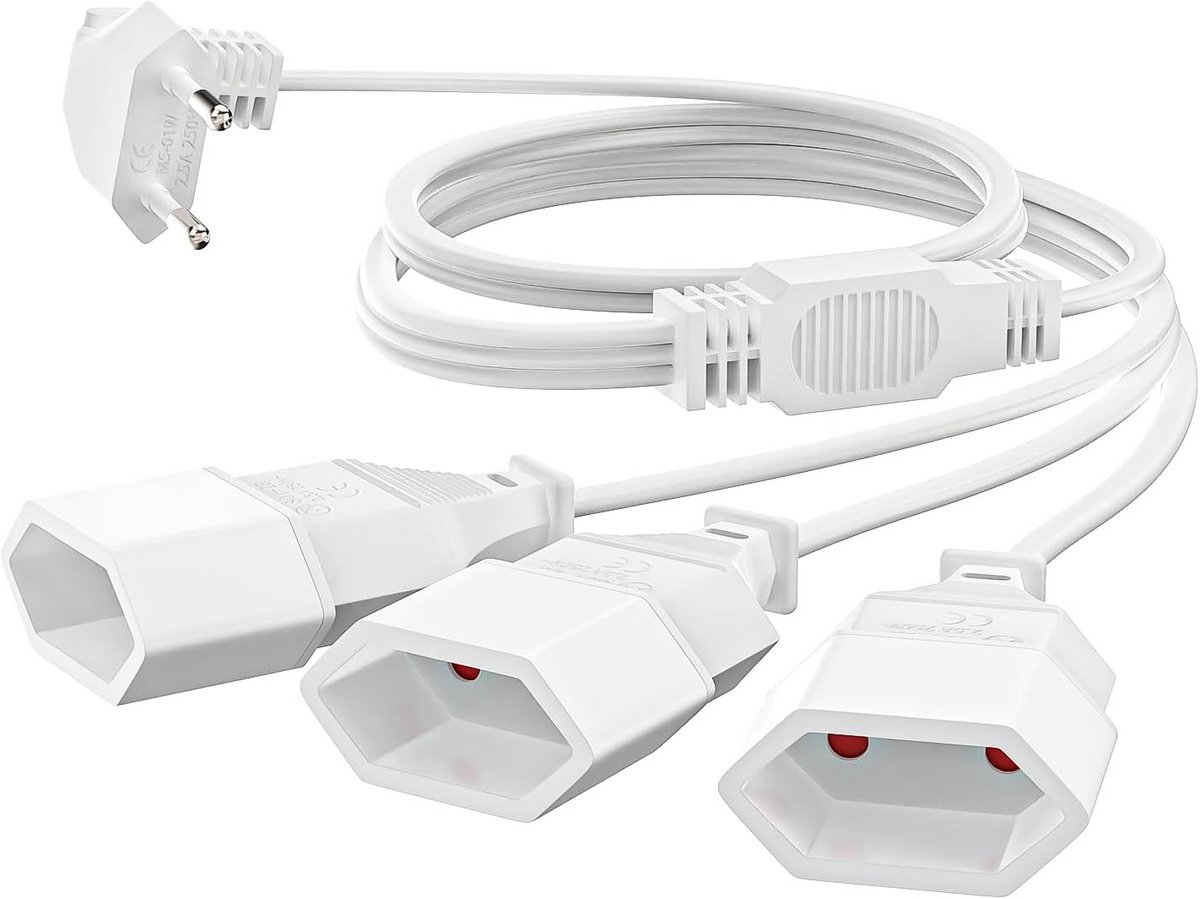 Platte Verlengkabel 2 Meter met 3-weg Splitter en Rechte Stekker voor TV, PC en Monitor